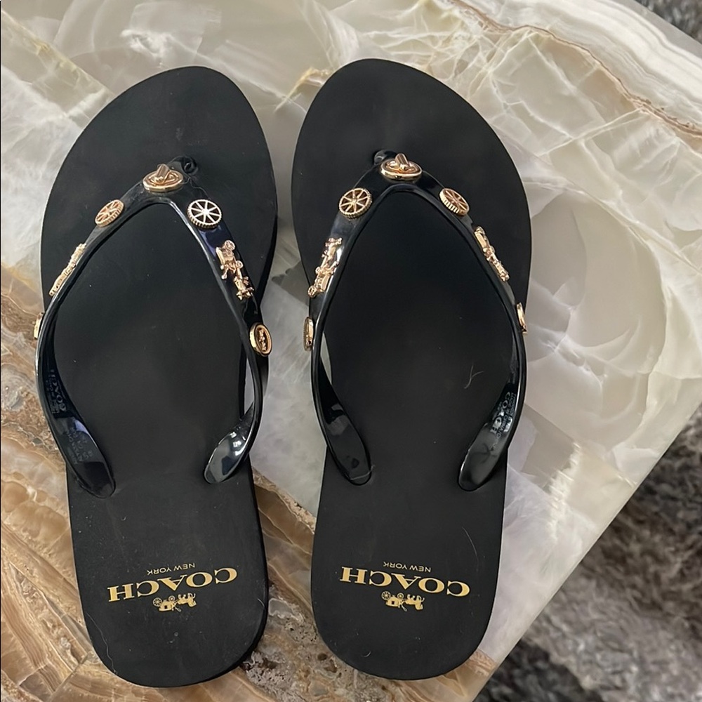 Coach Black Flip Flops with Gold Accents